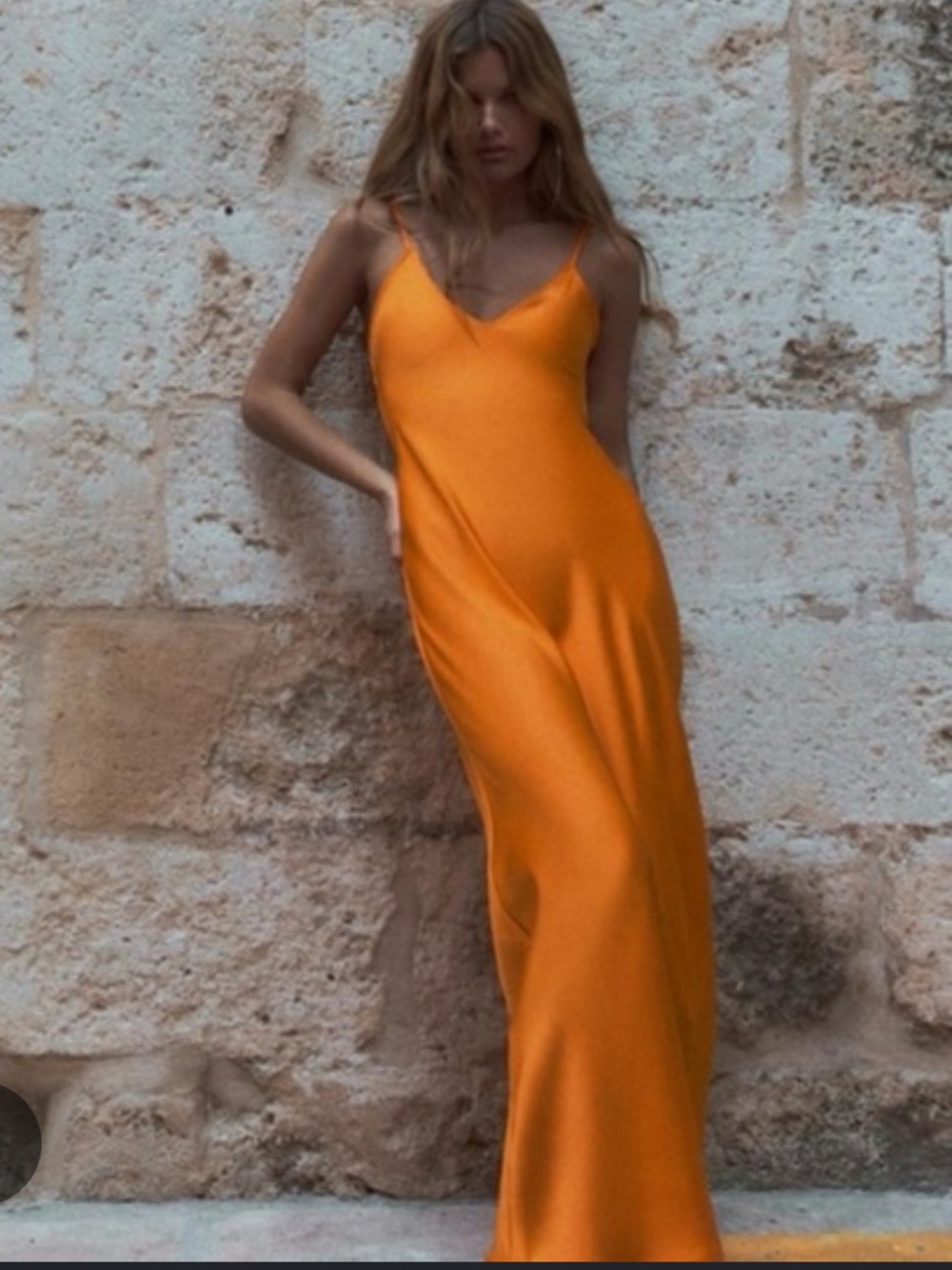 Zara Satin-Effect Bright Orange Midi/Maxi Slip Dress